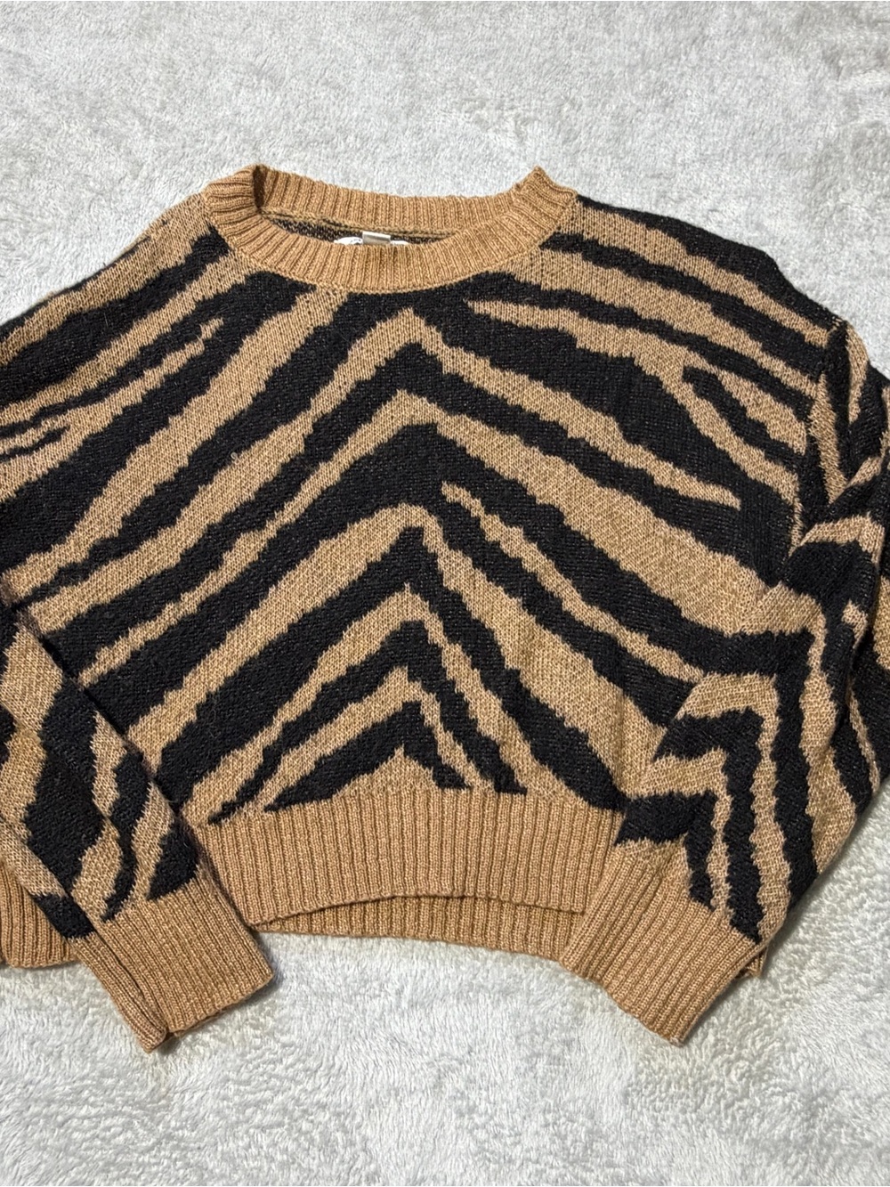 American Eagle Outfitters Tan and Black Zebra-Print Crewneck Sweater